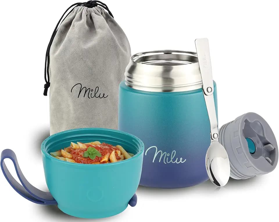 Milu Thermobehälter für Essen 450ml, Edelstahl Warmhaltebehälter mit Löffel, Thermobecher Essen, Thermo Lunchbox für Erwachsene, Thermobox Suppen, Speisebehälter Rosa, 450ml