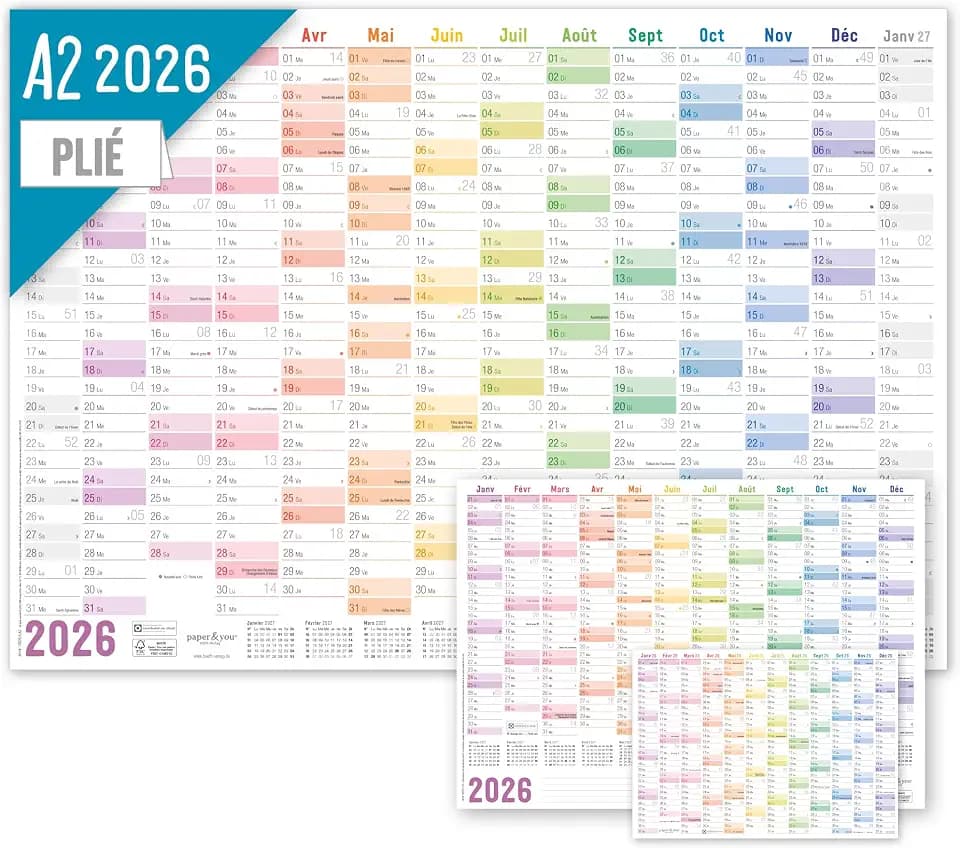 Häfft® Wandkalender 2026 A2 auf Französisch "Rainbow" (59,4 x 42 cm)