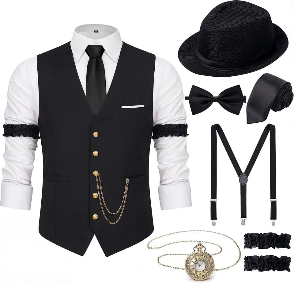 1920s Mens Costume Outfit, Roaring 20s Gatsby Accessories for Men, Vest Hat