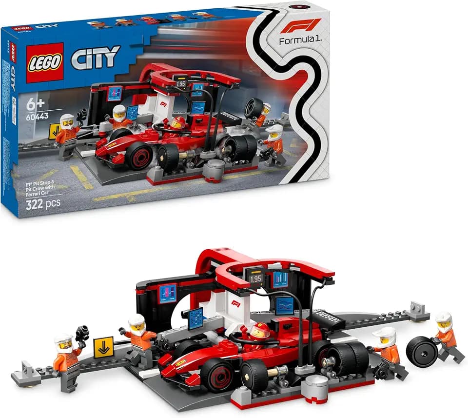 LEGO City F1 Boxenstopp mit Boxencrew und Ferrari Flitzer - Formel 1 Pit Stop Set mit 1 Rennfahrer und 4 Mechaniker Minifiguren - Spielzeug Rennauto für Jungen und Mädchen ab 6 Jahren - 60443