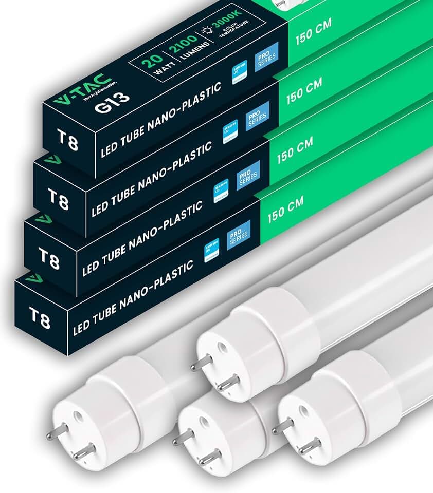 V-TAC 4x LED Röhre 150 CM - T8 - G13-Fassung 20W - 2100 Lumen - Samsung Chip - LED-Röhren für Decke, Wand, Garage, Geschäft - T8 Röhre - Ersatz für Neonröhren - Licht 3000K Warweiß