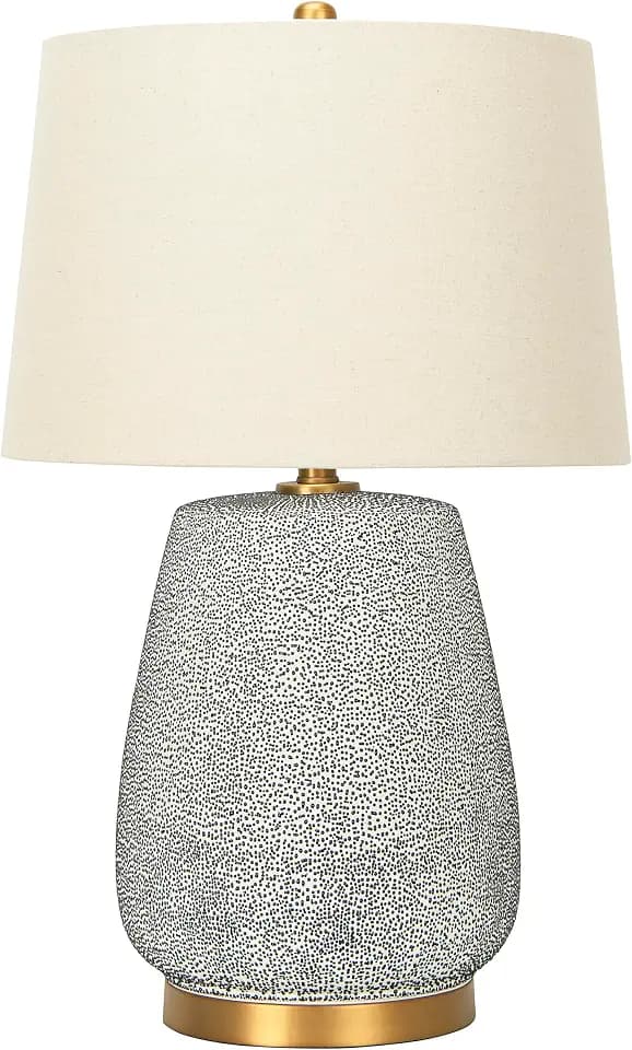 Creative Co-Op Textured Stoneware Table Lamp with Gold Accents and Linen Shade, Blue and Gold