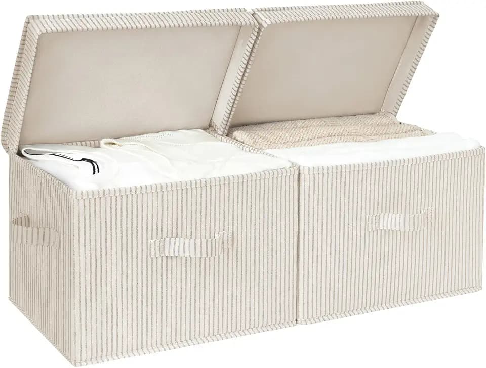 StorageWorks große Aufbewahrungsbox mit Deckel Stoff, dekorative Ordnungsbox mit Deckel, Kisten Aufbewahrung mit Griffen, robuste Stoffbox für Regale, Ggrau-weiß gestreift, 2 Stück