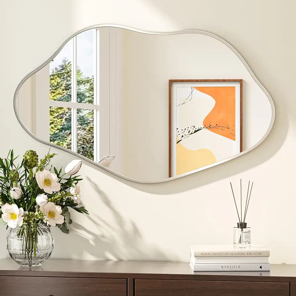 Keonjinn 40x24 Inch Nickel Irregular Mirrors for Wall, Asymmetrical Mirror
