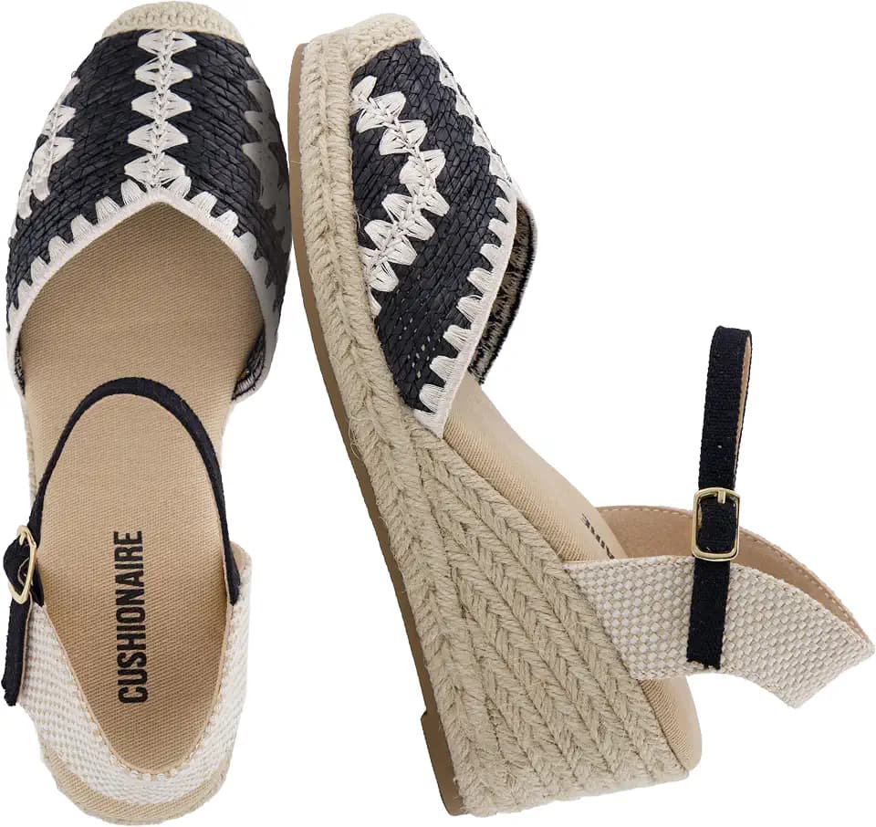 CUSHIONAIRE Samba Raffia Espadrilles for Women, Closed Toe Wedges with Adjustable Ankle Strap and Comfort Footbed