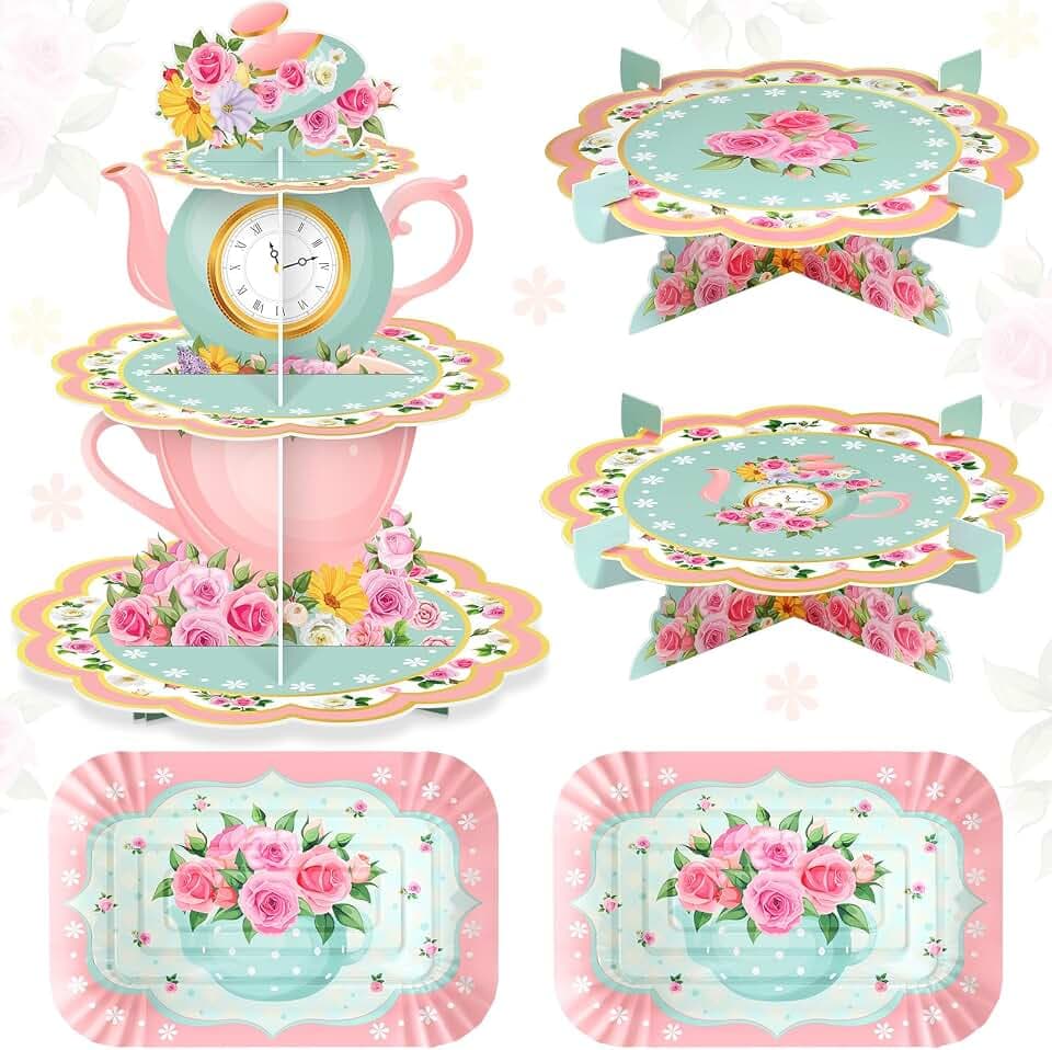 Zopeal 5 Pcs Floral Tea Party Cupcake Stand, 3 Tier Birthday Cake Holder