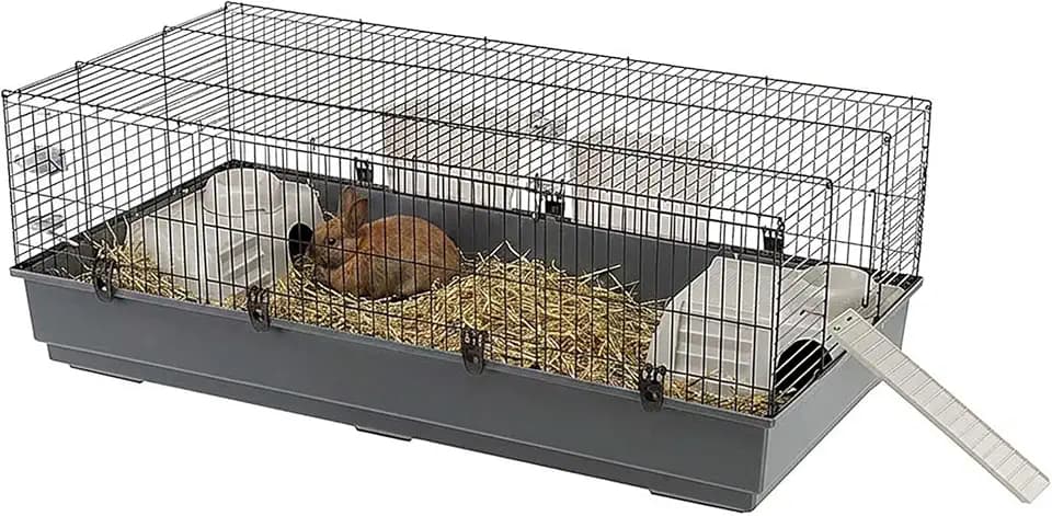 FERPLAST Gabbia Roditori RABBIT 140 per Conigli, Cavie, Porcellini d'India, in Metallo, Accessori inclusi: Mangiatoie, Beverini, Ciotole, Casette, Rampa di accesso dall'esterno. 140x71xh51cm