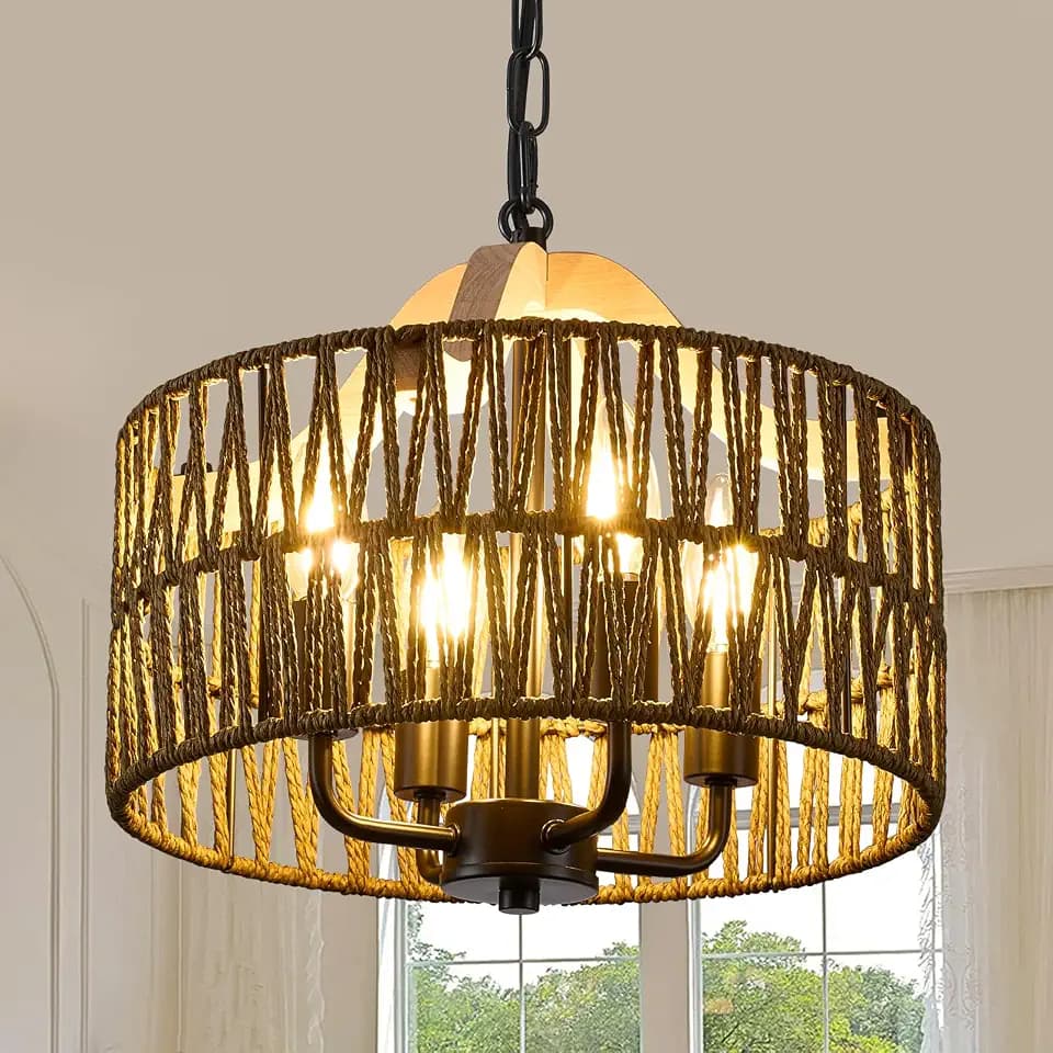 Antique Dining Room Light Fixture, 4-Light Rattan Pendant Light with Drum Shade, Adjustable Woven Wicker Ceiling Hanging Light, Farmhouse Boho Chandelier for Living Room Kitchen Island