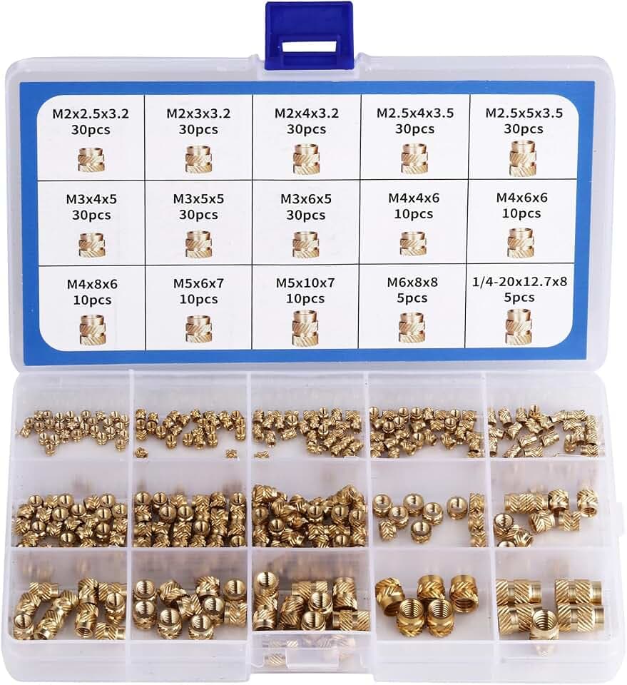 Gewindeeinsatz, Set mit 300 Einpressmuttern, PP Box, mit Etikett. M2 M2,5 M3 M4 M5 M6 Messing Gewindeeinsätze, gerändeltes Einschmelzgewinde, geeignet für Kunststoffteile im Gewindeeinsatz 3D Druck