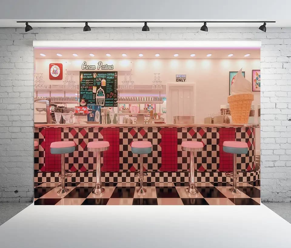 BELECO 9x6ft Fabric Vintage 50s Diner Backdrop for Photography - 1950s American Fast Food Soda Shop Restaurant Ice Cream Bar Stools Background - Party Decor Photo Booth Studio Props