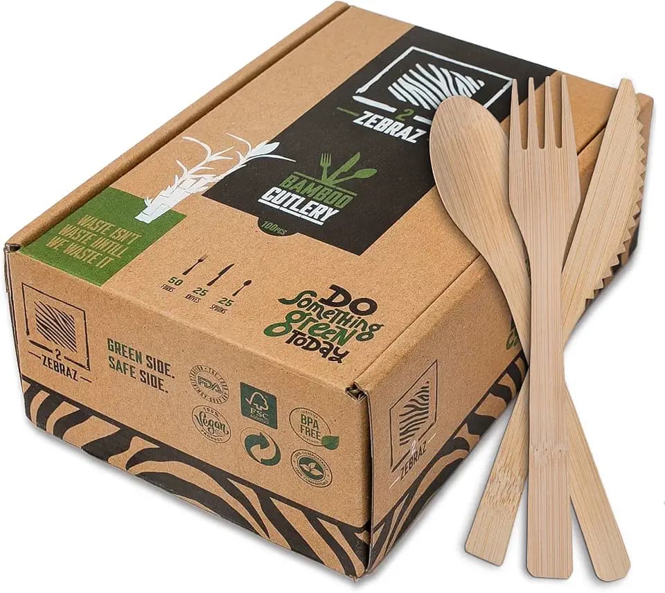 Bamboo Cutlery Set 100pc Disposable - 50 Fork 25 Knife 25 Spoon