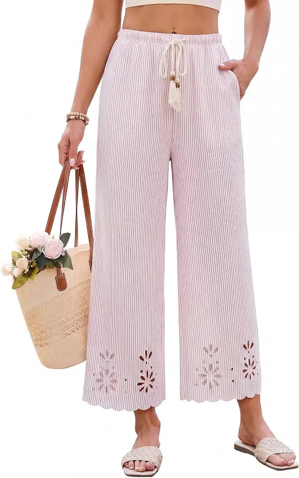 Blooming Jelly Womens Striped Wide Leg Pants Summer Beach Palazzo Pant Lounge Casual Trousers with Pockets