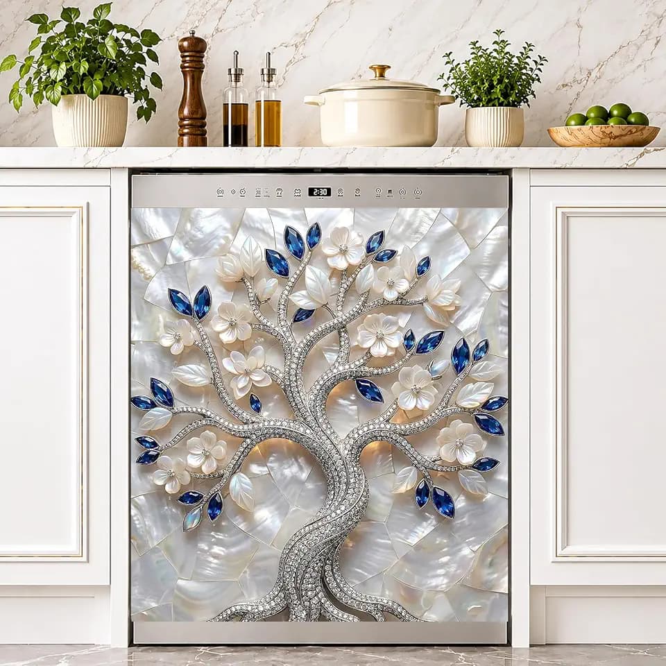 Blue Floral Tree of Life Dishwasher Magnet Cover, 23 x 25.6 in Magnetic Dishwasher Door Cover, Decorative Dishwasher Panel Cover for Elegant Blue White Kitchen Decor, Removable Appliance Magnet