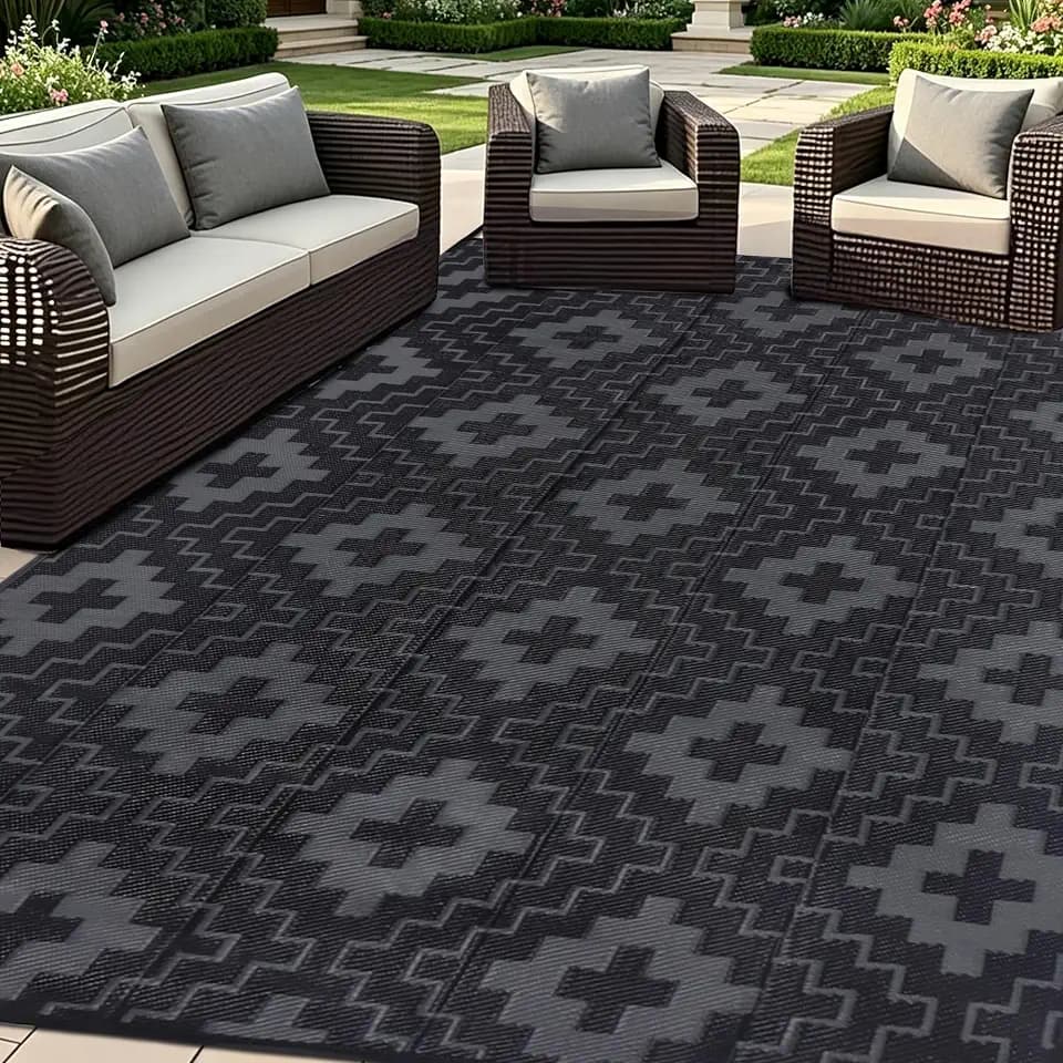 SAND MINE Waterproof Outdoor Rug 6x9 ft, Reversible Plastic Straw Area Rug, Large Floor Mat for Patio, Backyard, Deck, RV, Camping, Picnic, Beach, Balcony & Porch - Black & Grey