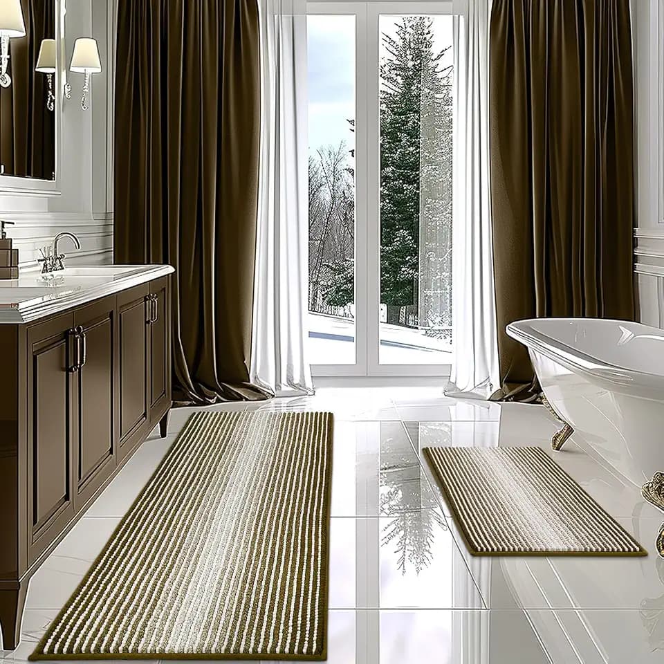 BSICPRO Bathroom Rugs Sets 2 Piece, Non Slip Striped Bath Mat, Coyote Brown
