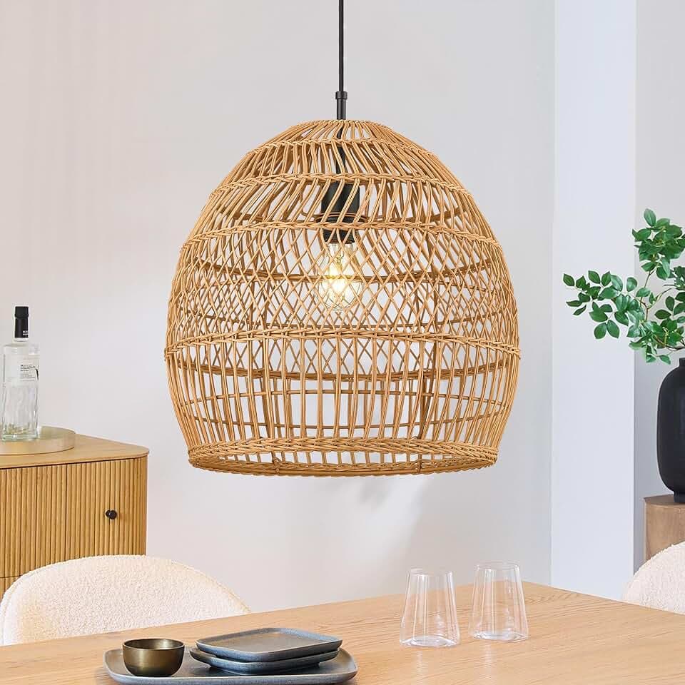 ELYONA 16” Large Boho Rattan Chandelier, Modern Japandi Wicker Pendant Light Fixtures, Basket Hand Woven Hanging Lamp for Coastal Kitchen Island Dining Room Living Room Bedroom Foyer (40cm*40cm)