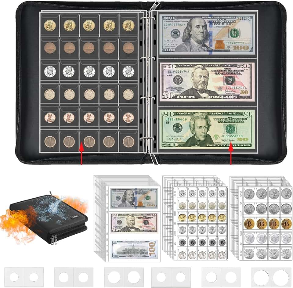 Fireproof Coin Collection Book Holder for Collectors,400 Pockets Fireproof Coin Holder Book & 36 Paper Currency Binder Sleeves, Coin Storage Collecting Organizer for Pennies,Bill,Tokens,Badges