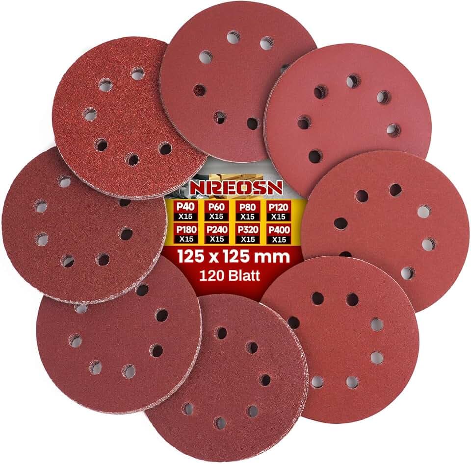 120 Stück Schleifpapier 125mm Klett (Je 15x P40/P60/P80/P120/P180/P240/P320/P400) Schleifscheiben Set für Exzenterschleifer, 8 Loch, starke Haftung, langlebig für Holz Metall Lack Auto