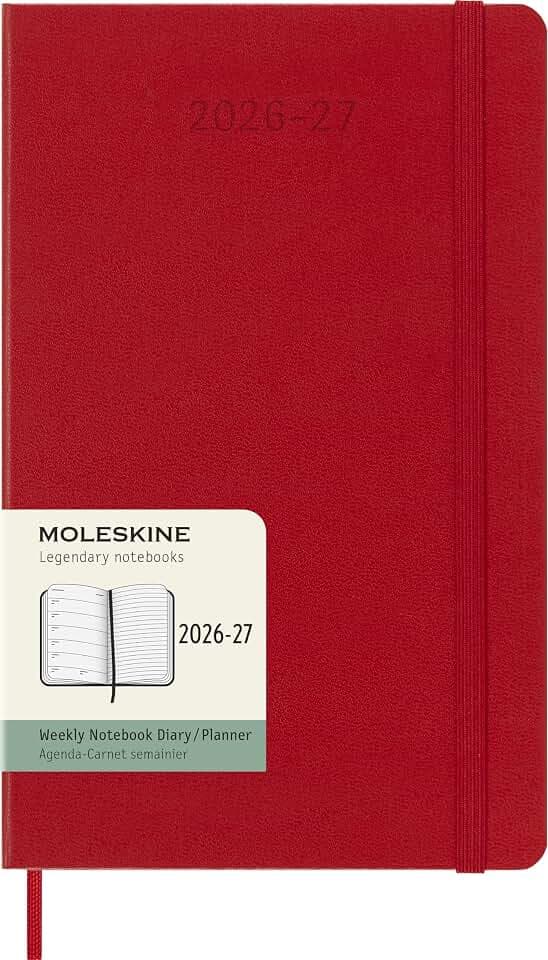 Moleskine Wochenkalender 2026–2027 – 18-Monats-Kalender mit Notizbereich, Hartcover und Gummibandverschluss, Farbe Scharlachrot, Large-Format 13 x 21 cm