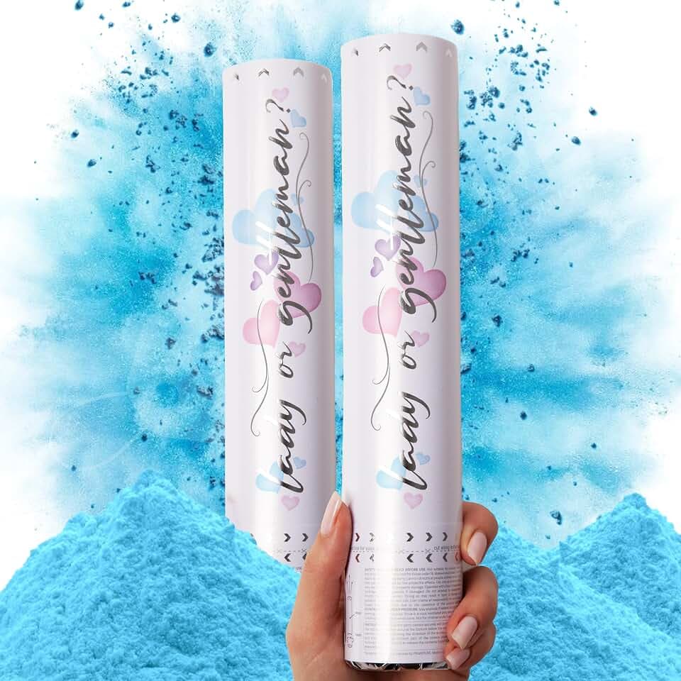 PrimePure Gender Reveal Konfettikanone, Blaues Bio-Pulver, 2er-Pack