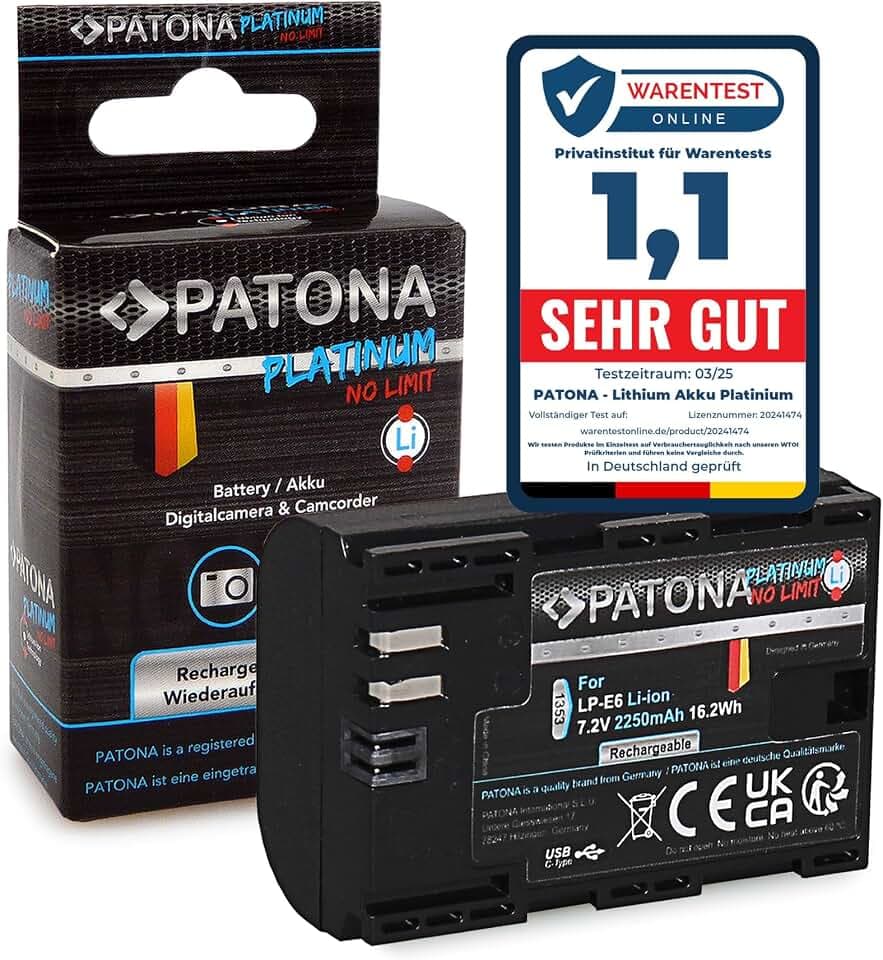 PATONA LP-E6 Platinum Akku mit USB-C Input Ersatz für Canon LPE6 2250mAh