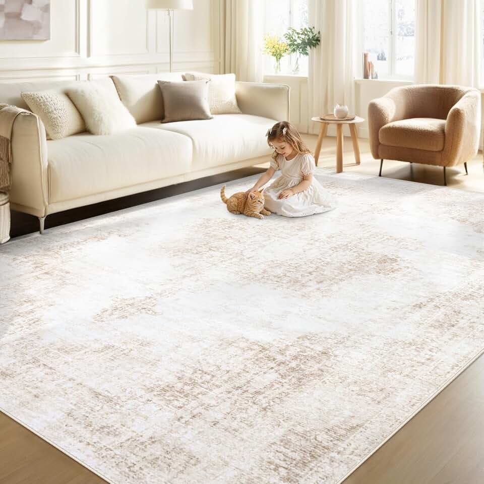 Area Rug 5x7 Vintage Rug: Washable Living Room Rugs Retro Medallion Distressed Large Rugs Soft Low Pile Non-Slip Indoor Floor Carpet for Bedroom Kitchen Nursery Dining Table Office (Beige, 5'x7')