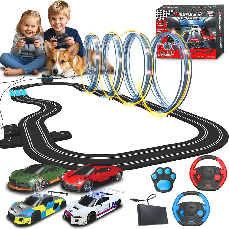 AGM MASTECH 18,7 Fuß Slot Car Rennbahn Set, 4 offiziell lizenzierte Lichtspielzeugautos, Lenkrad- und Pfotensteuerungen, einstellbare Geschwindigkeit, 4 blinkende Looping-Strecken, Dual-Strommodi
