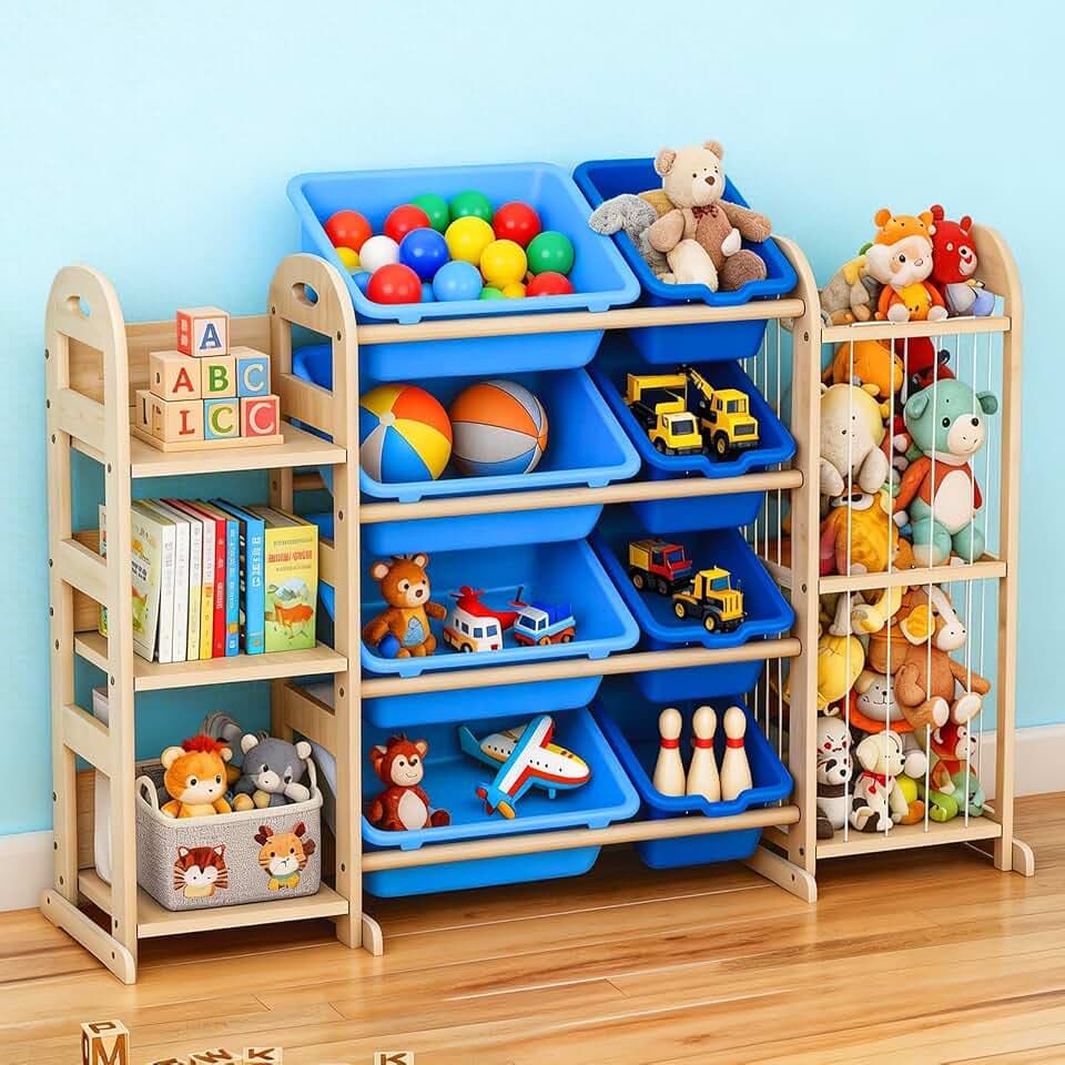 Toy Storage Organizer, Toy Organizers and Storage with Stuffed Animal Storage, Kids Toy Storage Shelf with 3 Shelves 8 Storage Bins, Kids Bookshelf, Toy Holder for Playrooms, Bedrooms, Blue