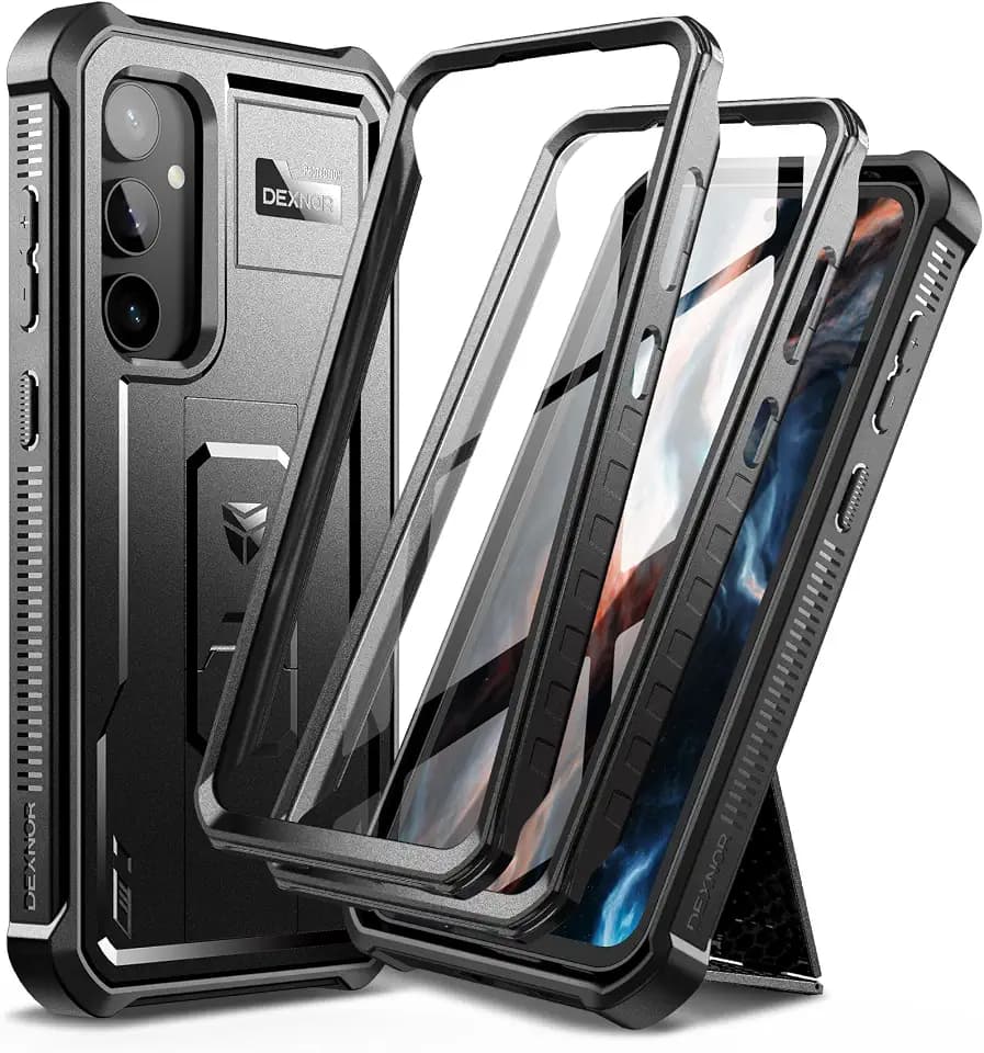 Dexnor Bumper Case for Samsung Galaxy S23 FE, Full-Body Shockproof Rugged Heavy-Duty Protective Cover Dual-Layer Protection with 2 Front Frames & Built-in Screen Protector & Kickstand,Black