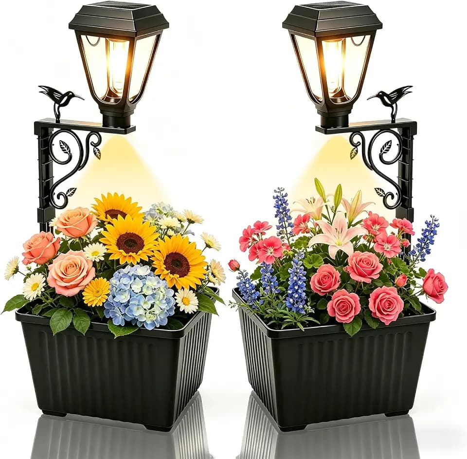 Forlivese 2 Pack Outdoor Flower Pots, 2 in 1 Solar Lamp Post with Planter