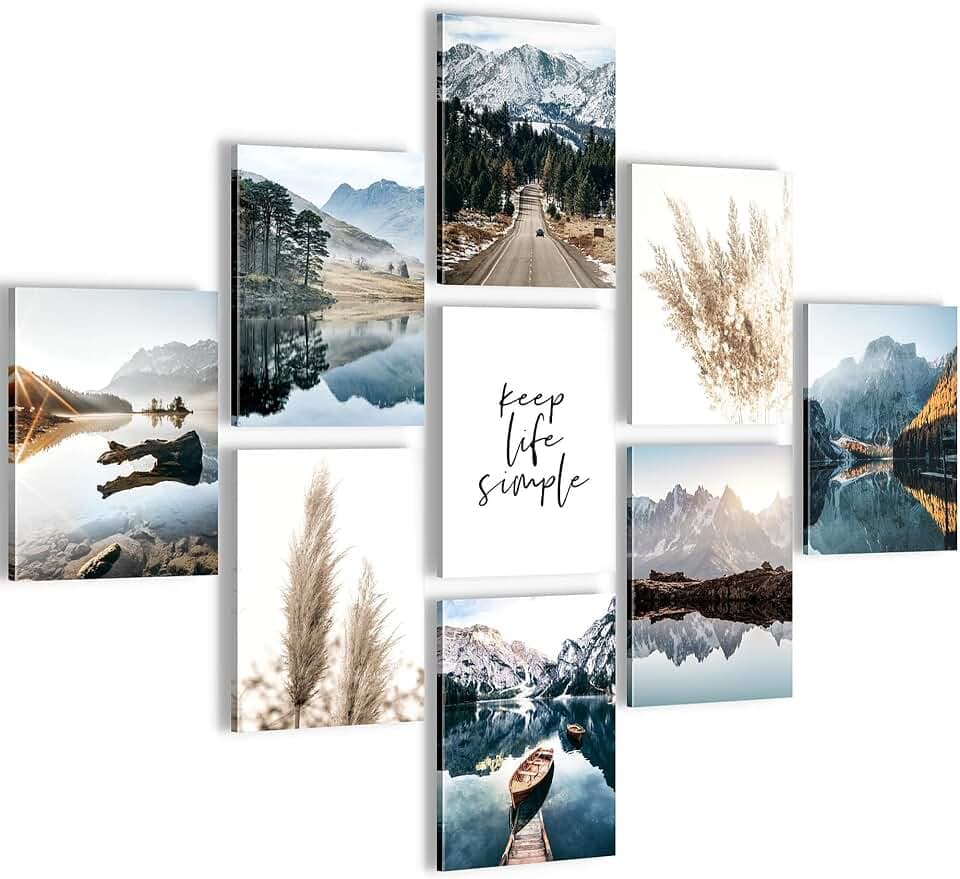Novart Wandbilder Natur - KOMPLETT AUFHÄNGFERTIG - See Berge Wohnzimmer Schlafzimmer- 9 Moderne Bilder Set - N024891a