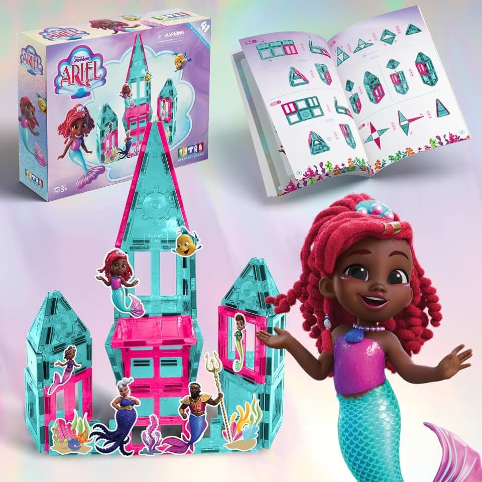Tytan Official Disney Junior Ariel Magnetic Tile Set – 41-Piece STEAM Building Toy with Reusable Stickers & Workbook – Undersea Adventures for Kids Ages 3+
