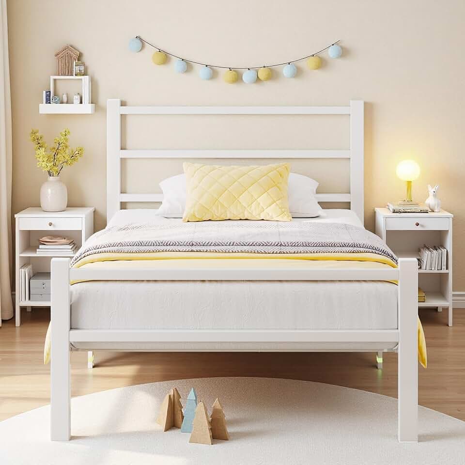 Feonase Einzelbettgestell aus Metall mit stilvollem Kopfteil und Fußteil, Einzelbettgestell, einfache Montage, reichlich Stauraum unter dem Bett (Weiß, 90 x 200 cm)
