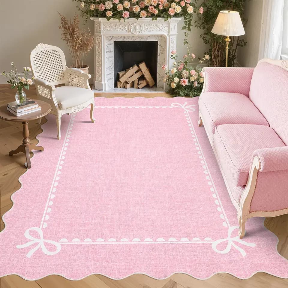 GarveeHome Scalloped Bow Rug 8x10 Washable Pink Rug for Bedroom Living Room