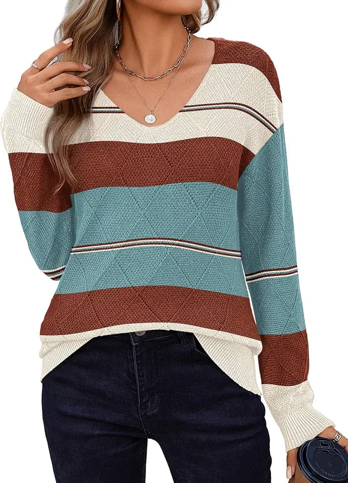 Zeagoo Womens Sweaters Fall 2026 Long Sleeve Knit Pullover V Neck Lightweight Crochet Sweater Tops Dressy Casual