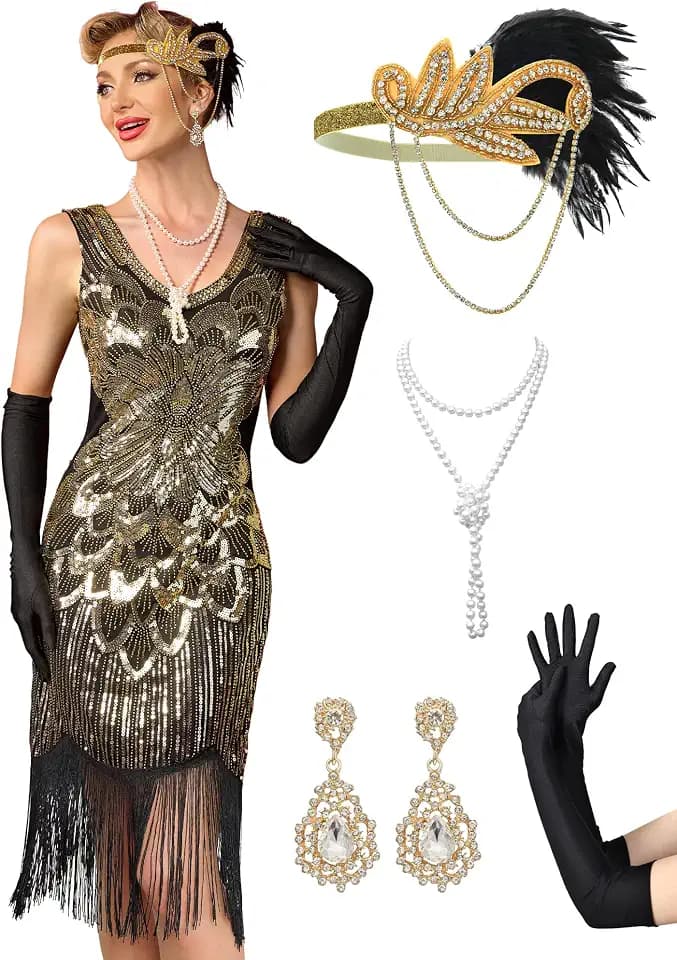 MTITE Women's Flapper Dresses 1920s,Great Gatsby Dresses Sequin Fringe Cocktail Dress Roaring 20s Dress for Harlem Nights