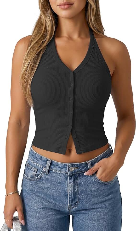 G4Free Ribbed Halter Crop Tank Tops Backless Going Out Camisoles Open Back Y2K Slim Fit Cropped Cami Top