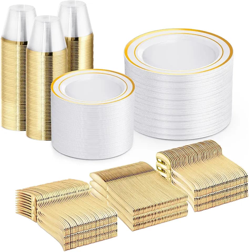 WELLIFE 600 PCS Gold & White Disposable Dinnerware Set for 100 Guests
