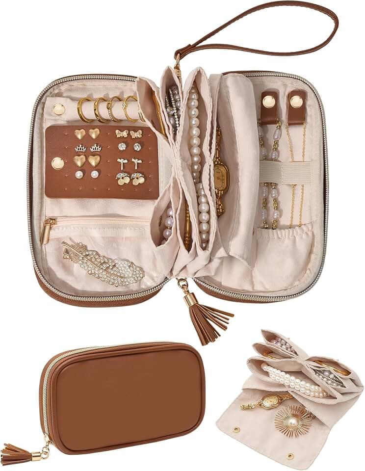 Lolalet Travel Jewelry Pouch, Flat Soft Carry-on Case Organizer -Caramel