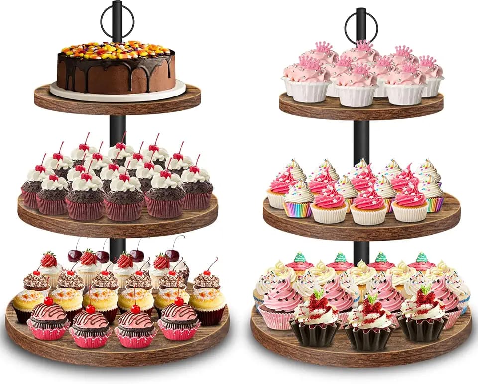 Etagere 3 Etagen aus Holz – Cupcake Ständer Ø 30/25/20 cm, Cake Stand für Muffins, Kuchen, Desserts, Hochzeit, Geburtstag,Party, Deko & Buffet 2 PACK