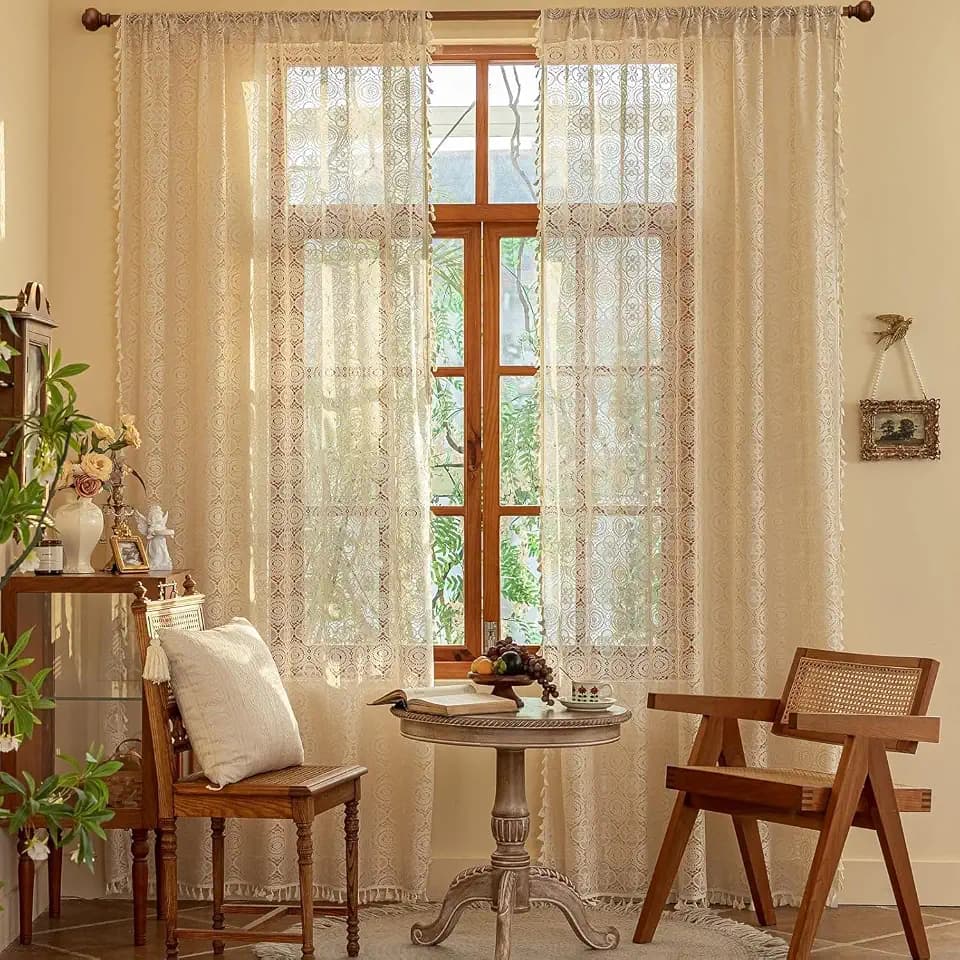 YJ YANJUN Boho Lace Curtains 108 inches Long 2 Panels -Vintage Cottagecore Crochet Sheer Panels with Tassel for Living Room Bedroom Light Filtering Bohemian Farmhouse Drapes Beige W59 x L108