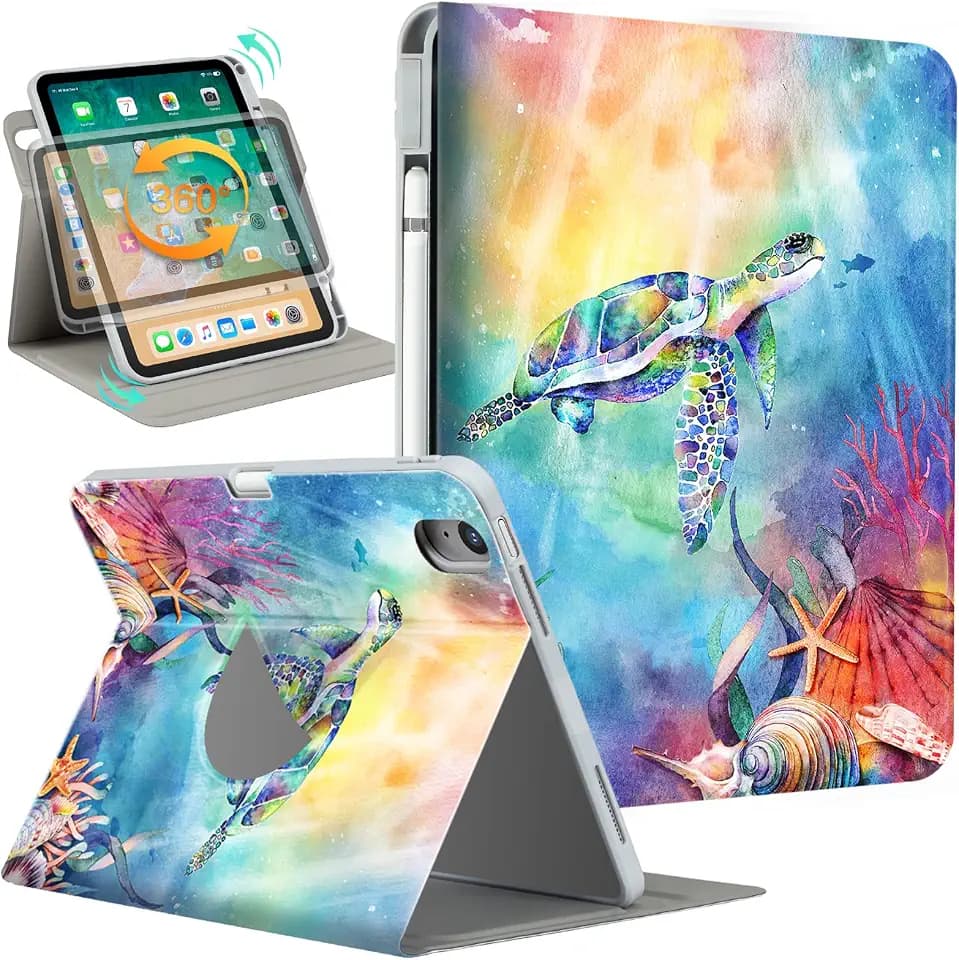 Lokigo Rotating Case for iPad A16 11th Gen 11"& 10th Gen 10.9", Blue Turtle