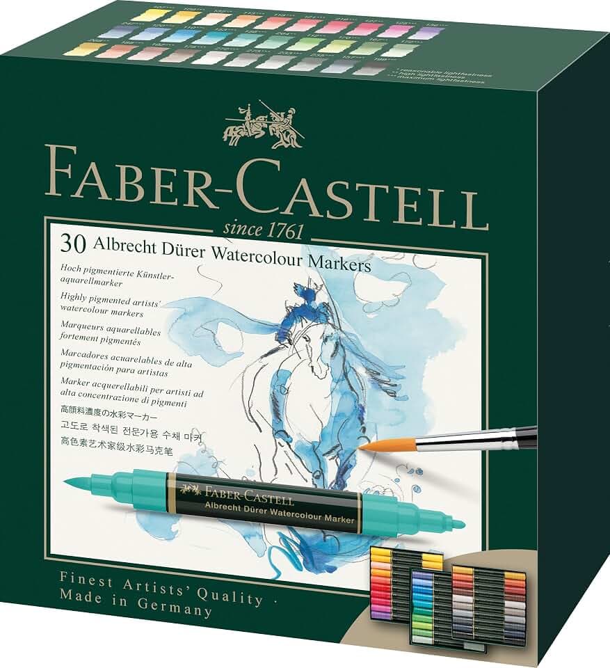 FABER-CASTELL - Albrecht Dürer Aquarellmarker, 30 Farben | Hoch pigmentierte Künstlerstifte mit Pinsel- und Faserspitze für flächigen und präzisen Farbauftrag