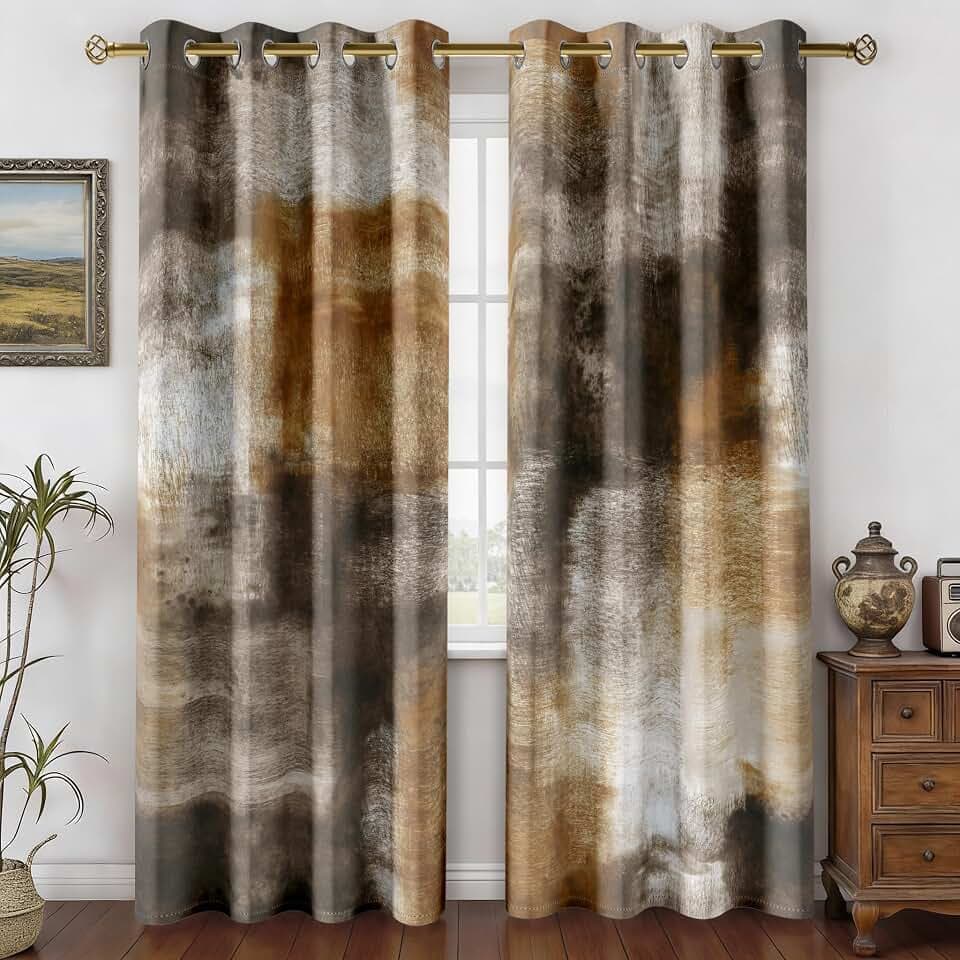Tan Abstract Curtains for Living Room Bedroom, 52W x 72L, 2 Panels