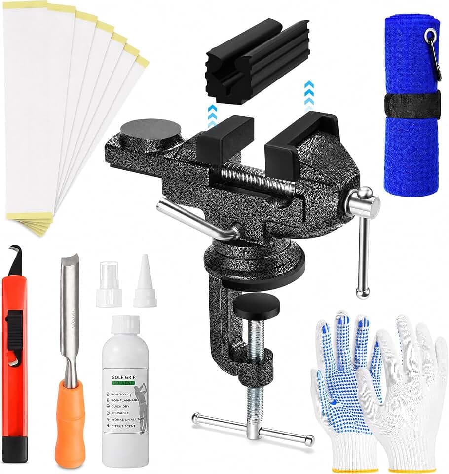 Complete Golf Regripping Tool Kit, Professional Golf Club Grip Replacement Set with 360° Rotating Bench Vise, Grip Solvent, Double Sided Tape, Hook Knife, Chisel, Microfiber Towel and Work Gloves