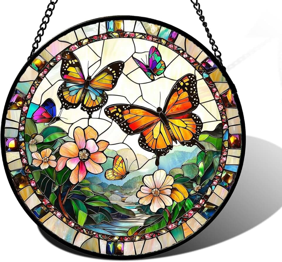 Butterflies and Flowers Stained Glass Window Hanging Suncatcher Gifts 6.3"