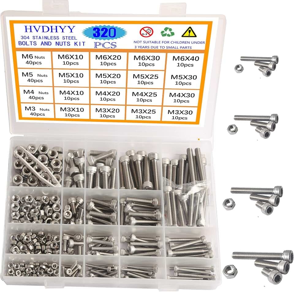M3 M4 M5 M6 Zylinderschrauben mit Innensechskant Schrauben set A2-70 Edelstahl-Sechskopf Maschinenschrauben,Muttern,Sortiment Kit Hex Socket Button mit Aufbewahrungsbox 320pcs