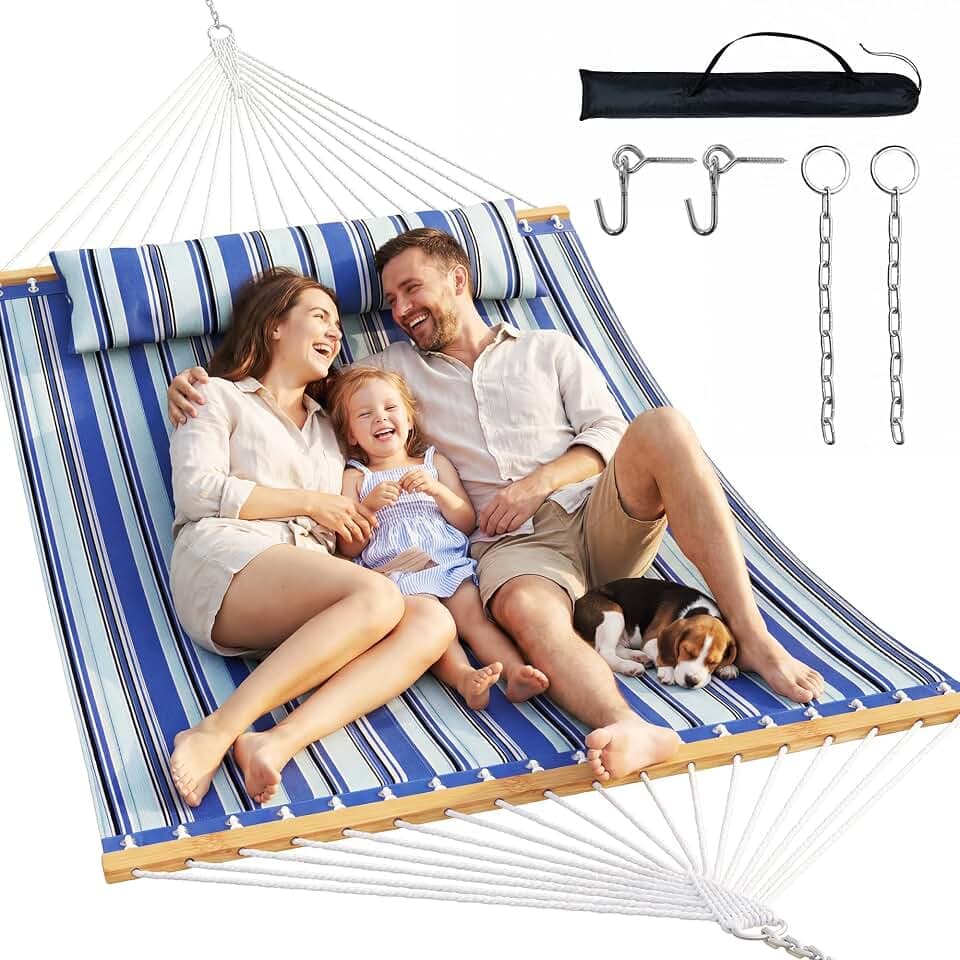 Everyfun 2 Person Quilted Hammock with SpreaderBar,500lbsCapacity, AquaBlue
