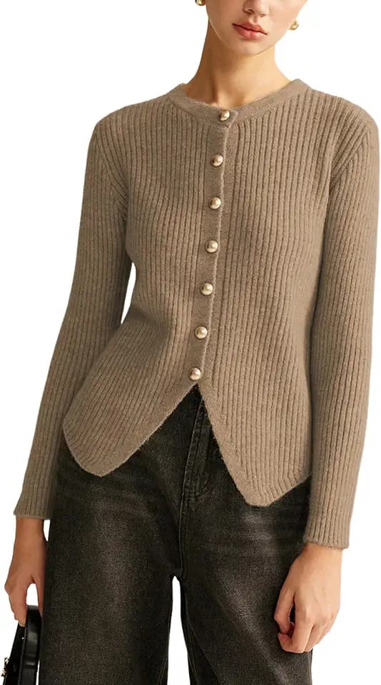 Yeokou Women's Split Cardigan Gold Button Down Cable Knit Fall Winter Sweater Knitwear