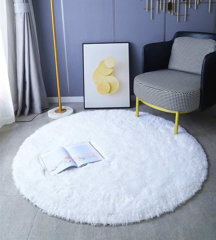 Runder Teppich, Langflor, Modern, für Wohnzimmer, Schlafzimmer, Esszimmer oder Kinderzimmer, Komfortable Hochflor-Bodenmatte Anti-Rutsch-Teppich (140cm X 140cm, Weiß)